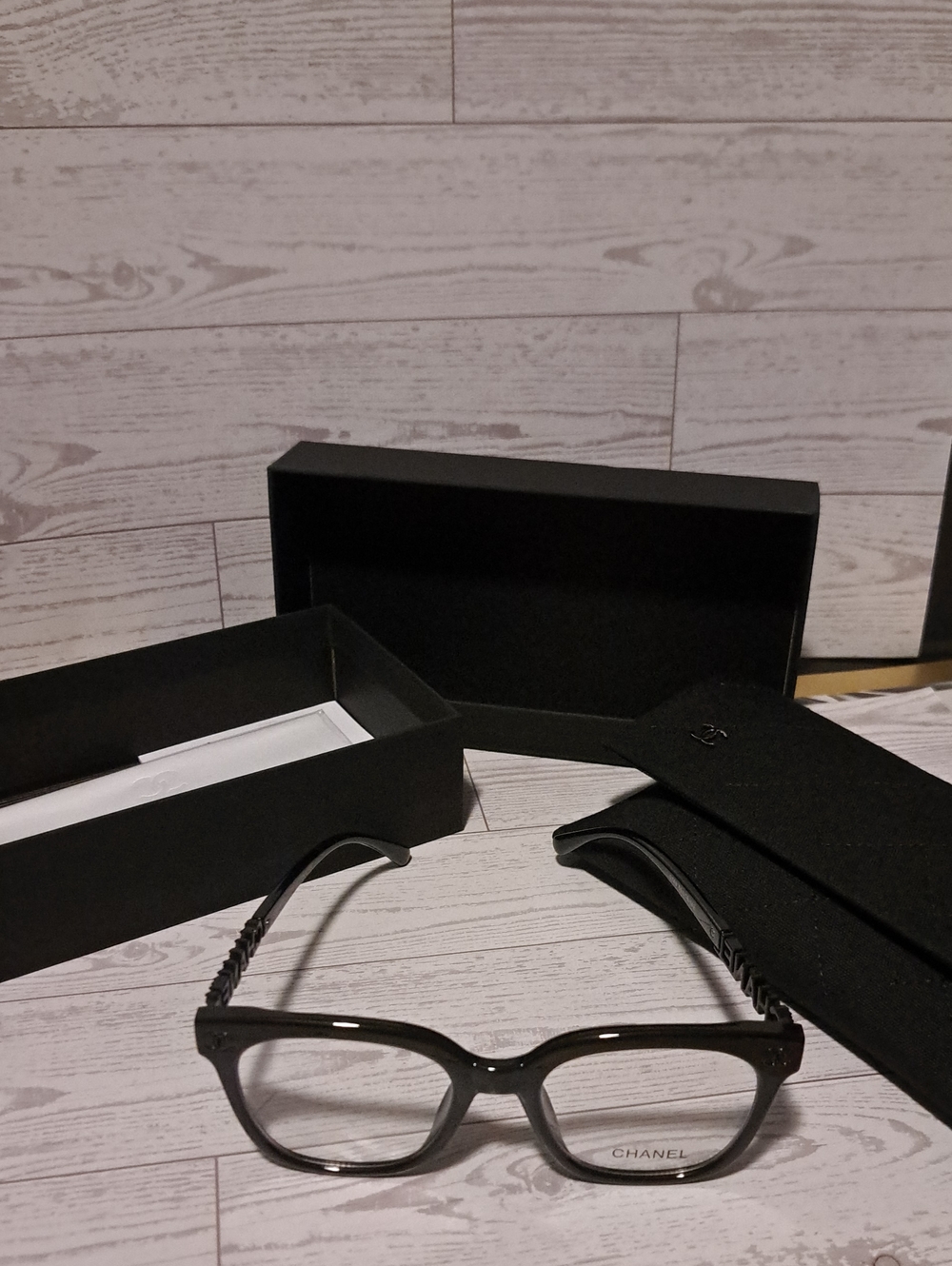 CHANEL Black Rectangular Optical Glasses with Logo on Temples